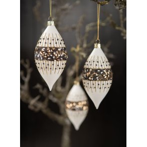 Julekugle - hvid oval med guld glimmer og pallietter